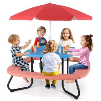 Costway Tavolo da Picnic per Bambini con 8 Posti 125 &times; 125 &times; 100-160 cm, Tavolino Bambini in HDPE con Ombrellone Regolabile e Pieghevole, Struttura