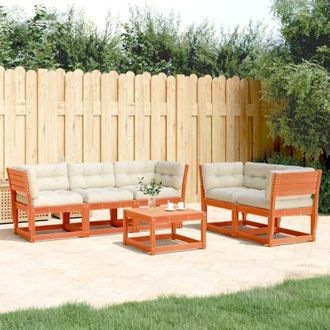 vidaXL Set De Sof&aacute;s Jard&iacute;n 5 Pzas Con Cojines Madera Pino Marr&oacute;n Cera Vidaxl