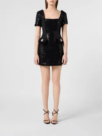 Philipp Plein Crystal and Sequin Embellished Tweed Mini Dress