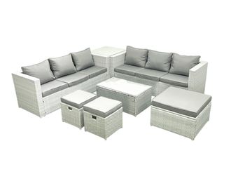Fimous Garden Outdoor PE Rattan Furniture Set 9 Seater Rattan Garden Sofa Set with 3 Footstools Side Table Light Grey Mixed