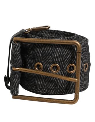 Dolce & Gabbana Grey Fabric Logo Plate Metal Brass Buckle Mens Belt