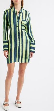 Topshop Stripe Tie Waist Long Sleeve Mini Shirtdress in Medium Green at Nordstrom Rack, Size 4 Us (Fits Like 0-2)