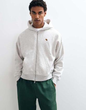 Abercrombie & Fitch felpa con cappuccio e zip con logo icon grigio chiaro