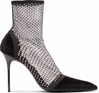 Balmain Enkellaarsjes met hak van mesh met fluweel en strass - Dames - Laarzen met Hak - Zwart - 41 EU - Polyester - Schoenen