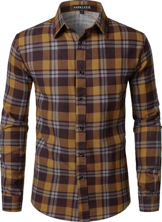PARKLEES Mens Cotton Linen 70s Disco Retro Traditional Pattern Printed Long Sleeve Button Down Shirt Yellow Plaid Medium