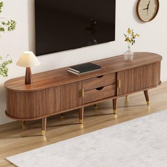 Merax Mid-Century 175cm Oval TV Stand with Slatted Sliding Doors in Walnut