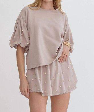 Entro High Waist Pearl Embellished Short Set In Light Mocha