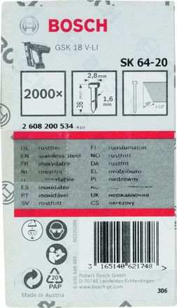 Bosch Clavos Inox Sk64-20: 38mm: 2.000uds Bosch 2608200534