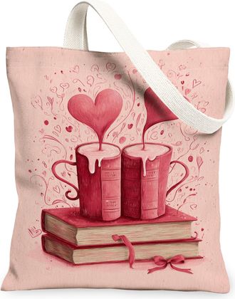 Generic Heart Pattern Canvas Tote Bags, Artistic Love Design Reusable Shopping Bags, ValentineS Day Lightweight Washable Shoulder, Peach, 13x15 Inch
