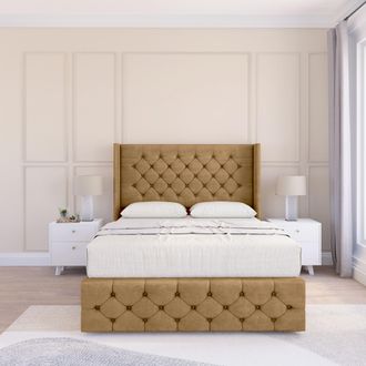 Sloomy Luthor Plush Bed Set, No Drawers & 54 Wingback Headboard in Light Brown | Size: Small Single