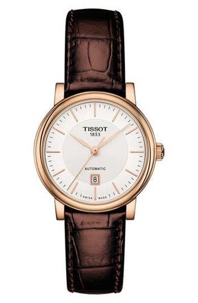 Tissot Premium Carson Automatic Leather Strap Watch, 30mm in Brown/Silver/Rose Gold at Nordstrom Rack
