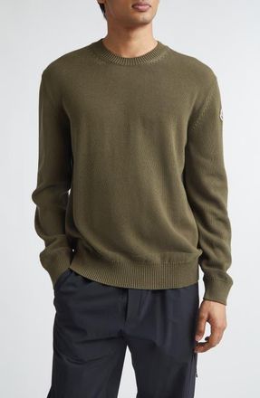 Moncler Logo Patch Cotton Crewneck Sweater in Amber Toned Olive at Nordstrom, Size Xx-Large