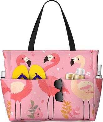 Generic Pink Flamingo Print Large Beach Bag Foldable Travel Shoulder Tote Bag With Pocket For Weekender Pool Vacation