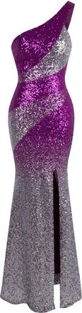 Angel Fashions Womens Asymmetric Ribbon Gradient Sequin Mermaid Long Prom Dress Purple Silver Size 24