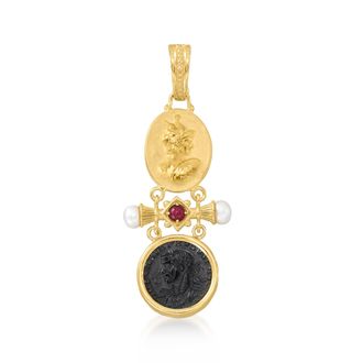 Ross-Simons Italian Tagliamonte Black Onyx and. Ruby Cameo Pendant With Cultured Pearls in 18kt Gold Over Sterling