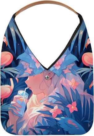 Generic Flamingo Girl Reusable Lightweight Grocery Bags - Foldable Into Compact Pouch, Washable & Sturdy, Multipurpose for Shopping and Travel