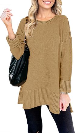 Merokeety Womens 2025 Fall Winter Oversized Pullover Sweater Casual Loose Crew Neck Long Sleeve Side Split Jumper Tops, Khaki, L