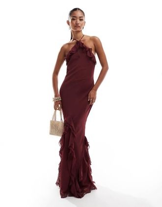 Pretty Lavish halter ruffle maxi dress in wine-Red
