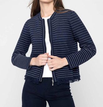 Kinross Cashmere Textured Fringe Cardigan In Navy With White Stripe