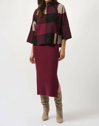 Joseph Ribkoff Prisma Plaid Jacquard Sweater Knit Top In Merlot