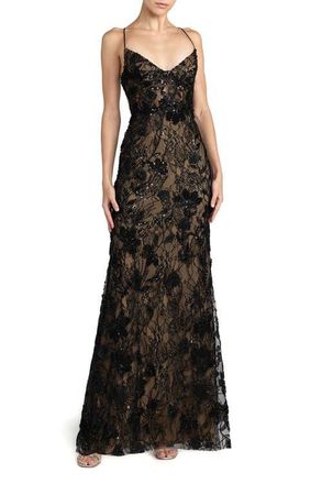 Mac Duggal Floral Embroidered Sleeveless Open Back Gown in Black Nude at Nordstrom, Size 10
