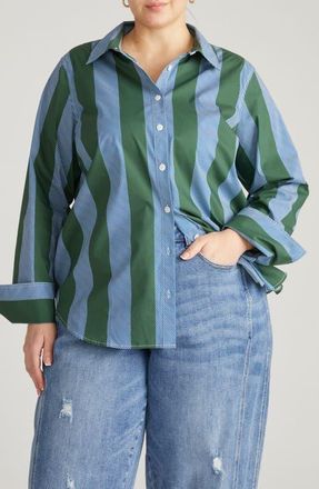 Universal Standard Henning x US Madison Poplin Button-Up Shirt in Green/Purple Stripe at Nordstrom