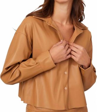 Astrid Faux Leather Button Front Shirt In Camel