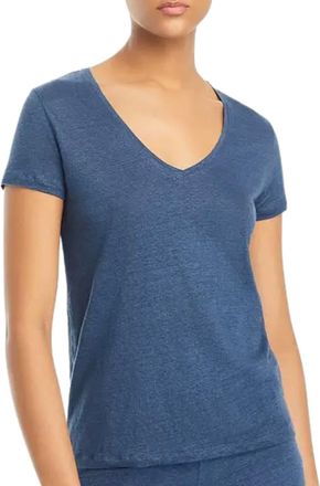 Majestic Filatures Stretch Linen Short Sleeve Semi Relaxed V-Neck Tee In Bleu Taormina