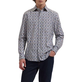 Bugatchi Axel Shaped Fit Geo Print Stretch Cotton Button-Up Shirt in Cobalt at Nordstrom, Size Xxx-Large