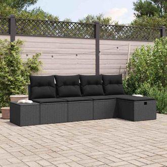 vidaXL Conjunto De Sof&aacute;s De Jard&iacute;n 5 Pcs Negro Rat&aacute;n Sint&eacute;tico