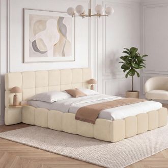 IDMarket Cama De Matrimonio Nuage Con Cabecero Acolchado + Mesillas Integradas Y Somier De Terciopelo Beige De 140 X 190 Cm