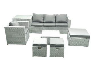 Fimous Garden Outdoor Furniture Set 7 Seater Rattan Sofa Set with 3 Footstools Armchair Side Table Light Grey Mixed