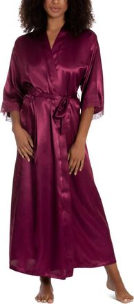 Linea Donatella Lace-Trim Long Charmeuse Satin Wrap Robe In Magenta