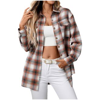 Generic Checked Shirts for Women UK Flannel Shirt Jacket Long Sleeve Oversized Plaid Loose Boyfriend Button Down Blouses Tops with Pockets S-XXL (D-Orange, M)
