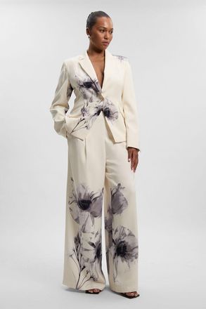 Karen Millen Womens Plus Size Floral Placement Tailored Crepe Pleat Printed Detail Wide Leg Trousers - Multicolour - Size 18 UK