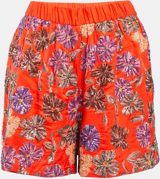 Maje Orange Floral Sequin Embroidered Crepe Izul Shorts