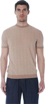 Irish Crone Maglia girocollo a maniche corte in cotone lavorata a forme geometriche - Heren - Ronde hals truien - Veelkleurig - XL - Katoen - Truien & Vesten