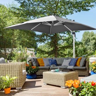 OUTSUNNY 3 x 3(m) Garden Cantilever Roma Parasol w/ 360&deg; Rotation Crank Handle Tilt Grey