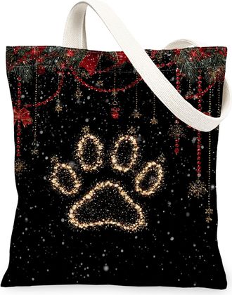 Generic Christmas Paw Print Canvas Tote Bags, Stylish Animal Design Reusable Grocery Bags, Lightweight Washable Shoulder Strap for, Black, 13x15 Inch