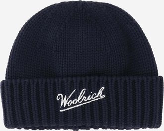 Woolrich Mens Wool Beanie With Logo Navy Virgin Hat