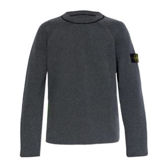 Stone Island Round-neck Knitwear, male, Gray, Size: L Logo Patch Sweater