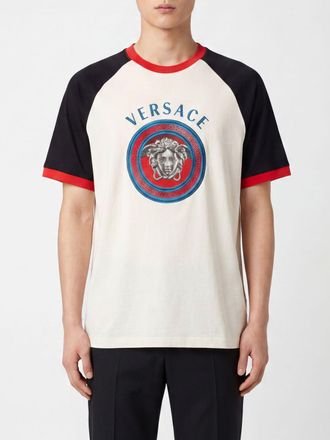 Versace T-shirt in cotone con logo Medusa e profili a contrasto