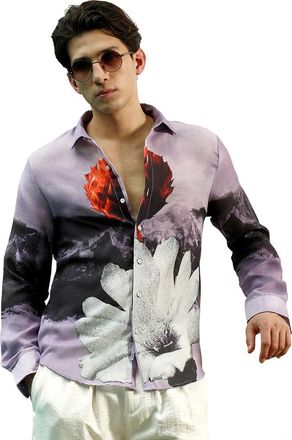 Campus Sutra Mens Purple Floral Printed Rayon Shirt With Spread Collar