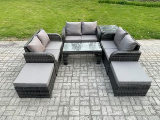 Fimous Outdoor Garden Furniture Sets 7 Pieces Wicker Rattan Furniture Sofa Sets with Coffee Table Love seat Sofa 2 Big Footstool Side Table