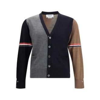 Thom Browne Cardigans, male, Multicolor, Size: L Adjustable Wool Cardigan with Applique Bands