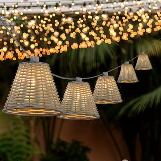 Jonathan Y Designs Payton 10-Light Indoor/Outdoor 10 ft. Classic Cottage Incandescent G40 Faux-Rattan Shaded String Lights, Brown