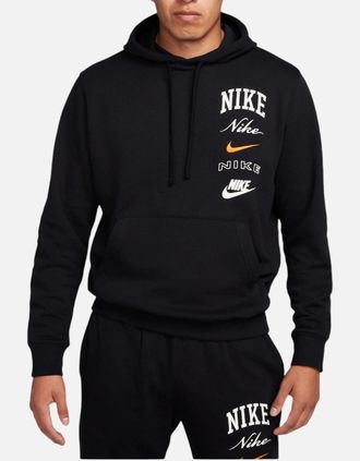 Nike Mens NIKE FN2635 Mens Fleece Hoodie Varsity Stacked Long Sleeve Swoosh Pullover Hoody - Black - Size: 40