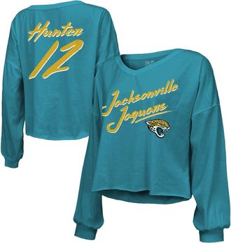 Majestic Threads Womens Majestic Threads Travis Hunter Teal Jacksonville Jaguars 2025 NFL Draft First Round Pick Off-Shoulder Script Name & Number V-Neck T-Shirt at