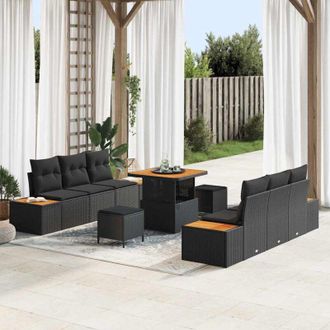 vidaXL Vidaxl - Conjunto De Sof&aacute; De Jard&iacute;n Con Coj&iacute;n 9 Pcs Negro Polirat&aacute;n