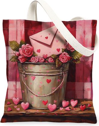 Generic Valentines Floral Canvas Tote Bags, Heart Pattern Reusable Grocery Bags, Vintage Lightweight Washable Shoulder Strap for Shopping Travel 13x15 Inch